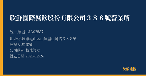 欣鮮國際餐飲股份有限公司388號營業所的照片-統編 61362887(桃園市) 公司登記資料與營業項目詳細圖表