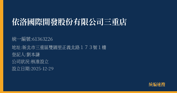 依洛國際開發股份有限公司三重店的照片-統編 61363226(新北市) 公司登記資料與營業項目詳細圖表
