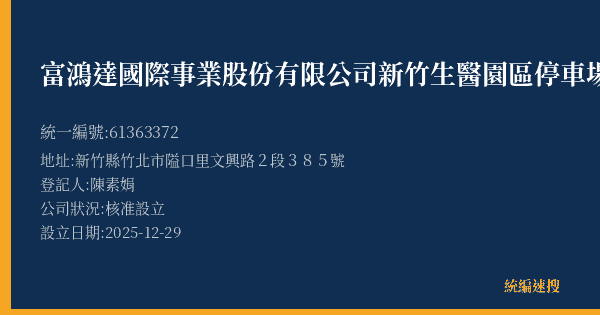 富鴻達國際事業股份有限公司新竹生醫園區停車場的照片-統編 61363372(新竹縣) 公司登記資料與營業項目詳細圖表