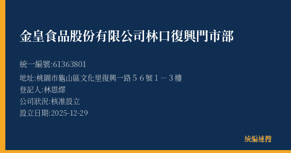 金皇食品股份有限公司林口復興門市部的照片-統編 61363801(桃園市) 公司登記資料與營業項目詳細圖表