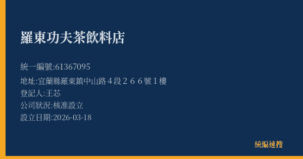 羅東功夫茶飲料店的照片-統編 61367095(宜蘭縣) 公司登記資料與營業項目詳細圖表