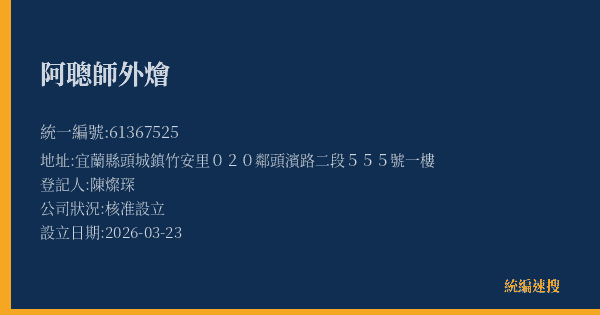 阿聰師外燴的照片-統編 61367525(宜蘭縣) 公司登記資料與營業項目詳細圖表