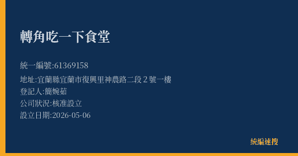轉角吃一下食堂的照片-統編 61369158(宜蘭縣) 公司登記資料與營業項目詳細圖表