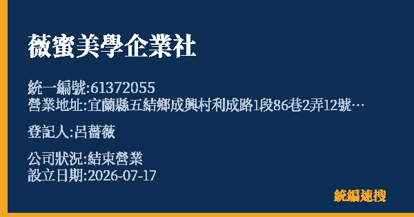 薇蜜美學企業社的照片-統編 61372055 公司登記資料與營業項目詳細圖表