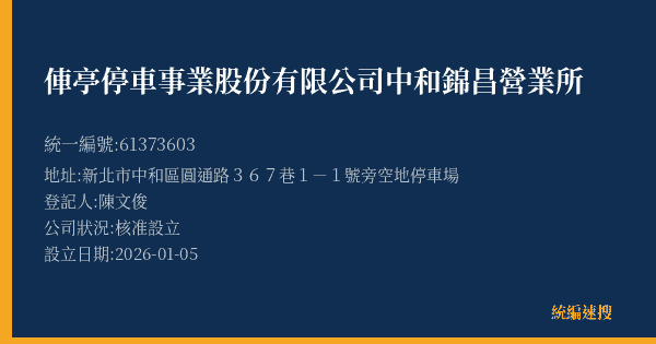 俥亭停車事業股份有限公司中和錦昌營業所的照片-統編 61373603(新北市) 公司登記資料與營業項目詳細圖表