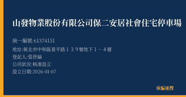 山發物業股份有限公司保二安居社會住宅停車場的照片-統編 61374151(新北市) 公司登記資料與營業項目詳細圖表