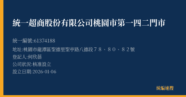 統一超商股份有限公司桃園市第一四二門市的照片-統編 61374188(桃園市) 公司登記資料與營業項目詳細圖表