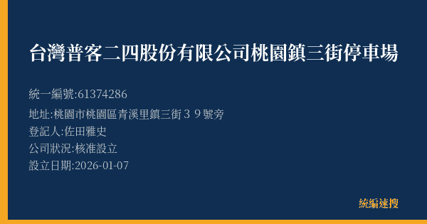台灣普客二四股份有限公司桃園鎮三街停車場的照片-統編 61374286(桃園市) 公司登記資料與營業項目詳細圖表