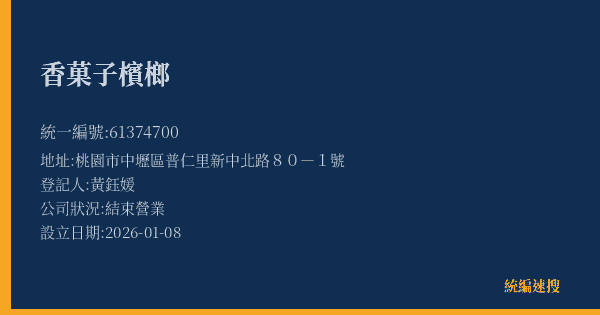 香菓子檳榔的照片-統編 61374700(桃園市) 公司登記資料與營業項目詳細圖表