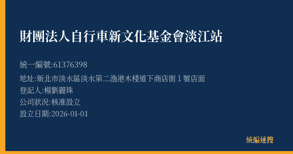 財團法人自行車新文化基金會淡江站的照片-統編 61376398(新北市) 公司登記資料與營業項目詳細圖表