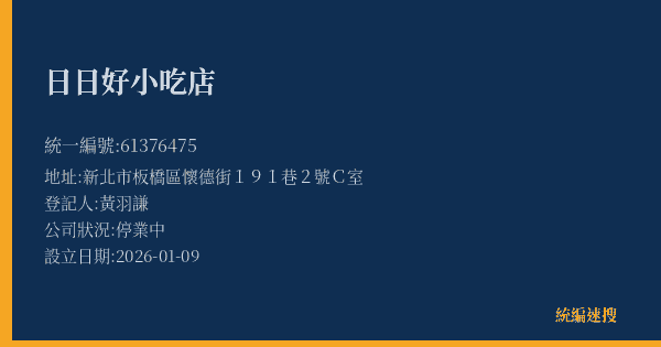 日日好小吃店的照片-統編 61376475(新北市) 公司登記資料與營業項目詳細圖表