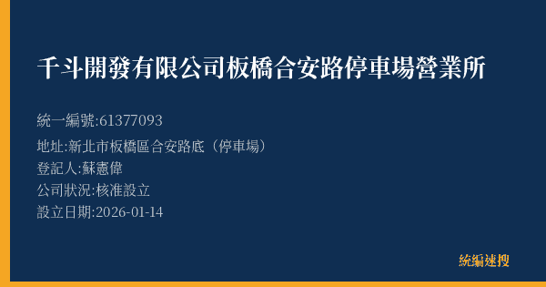 千斗開發有限公司板橋合安路停車場營業所的照片-統編 61377093(新北市) 公司登記資料與營業項目詳細圖表