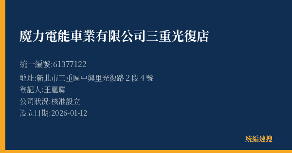 魔力電能車業有限公司三重光復店的照片-統編 61377122(新北市) 公司登記資料與營業項目詳細圖表