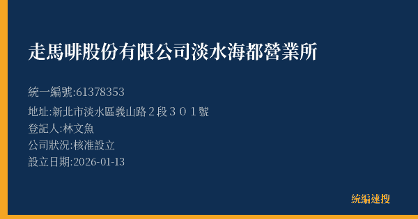 走馬啡股份有限公司淡水海都營業所的照片-統編 61378353(新北市) 公司登記資料與營業項目詳細圖表