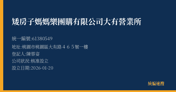 矮房子媽媽樂團購有限公司大有營業所的照片-統編 61380549(桃園市) 公司登記資料與營業項目詳細圖表