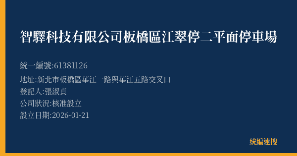 智驛科技有限公司板橋區江翠停二平面停車場的照片-統編 61381126(新北市) 公司登記資料與營業項目詳細圖表