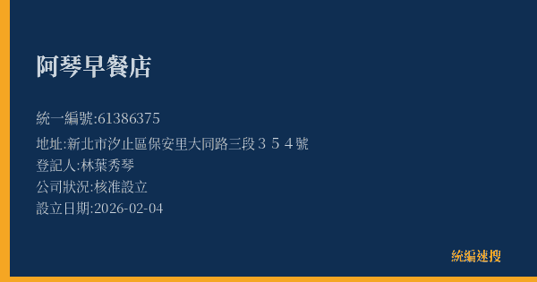 阿琴早餐店的照片-統編 61386375(新北市) 公司登記資料與營業項目詳細圖表