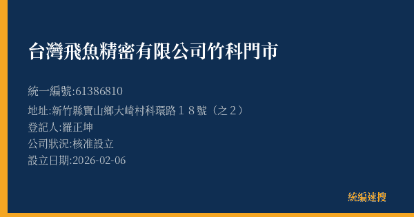 台灣飛魚精密有限公司竹科門市的照片-統編 61386810(新竹縣) 公司登記資料與營業項目詳細圖表