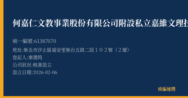 何嘉仁文教事業股份有限公司附設私立嘉維文理技藝短期補習班的照片-統編 61387070(新北市) 公司登記資料與營業項目詳細圖表