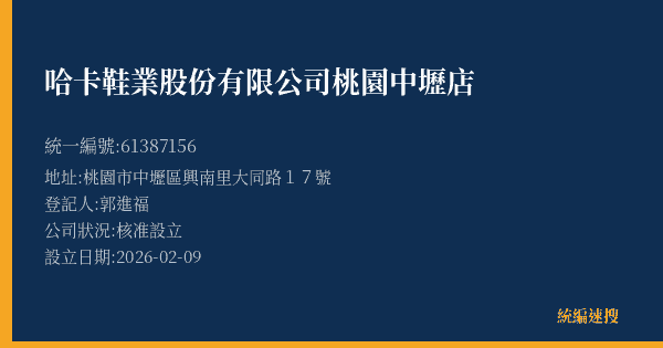 哈卡鞋業股份有限公司桃園中壢店的照片-統編 61387156(桃園市) 公司登記資料與營業項目詳細圖表
