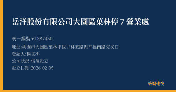 岳洋股份有限公司大園區菓林停7營業處的照片-統編 61387450(桃園市) 公司登記資料與營業項目詳細圖表