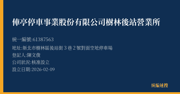 俥亭停車事業股份有限公司樹林後站營業所的照片-統編 61387563(新北市) 公司登記資料與營業項目詳細圖表