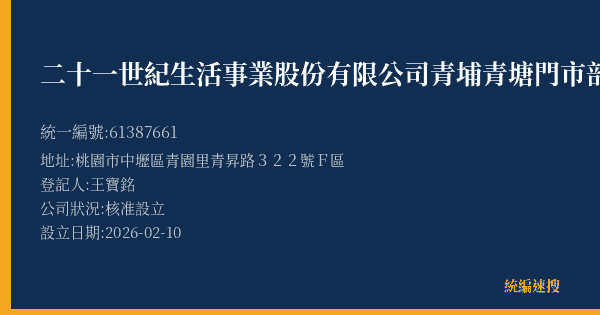 二十一世紀生活事業股份有限公司青埔青塘門市部的照片-統編 61387661(桃園市) 公司登記資料與營業項目詳細圖表