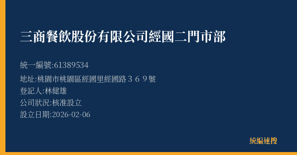 三商餐飲股份有限公司經國二門市部的照片-統編 61389534(桃園市) 公司登記資料與營業項目詳細圖表