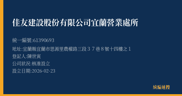 佳友建設股份有限公司宜蘭營業處所的照片-統編 61390693(宜蘭縣) 公司登記資料與營業項目詳細圖表