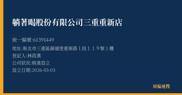 躺著喝股份有限公司三重重新店的照片-統編 61391449(新北市) 公司登記資料與營業項目詳細圖表