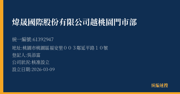 煒晟國際股份有限公司越桃園門市部的照片-統編 61392947(桃園市) 公司登記資料與營業項目詳細圖表