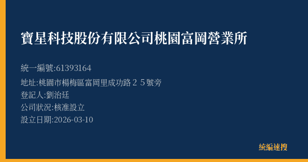 寶星科技股份有限公司桃園富岡營業所的照片-統編 61393164(桃園市) 公司登記資料與營業項目詳細圖表