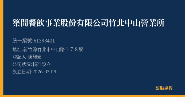 築間餐飲事業股份有限公司竹北中山營業所的照片-統編 61393431(新竹縣) 公司登記資料與營業項目詳細圖表