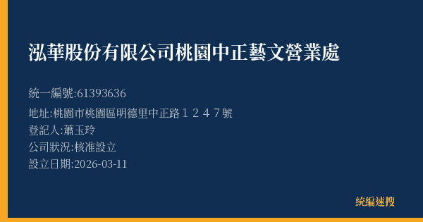 泓華股份有限公司桃園中正藝文營業處的照片-統編 61393636(桃園市) 公司登記資料與營業項目詳細圖表