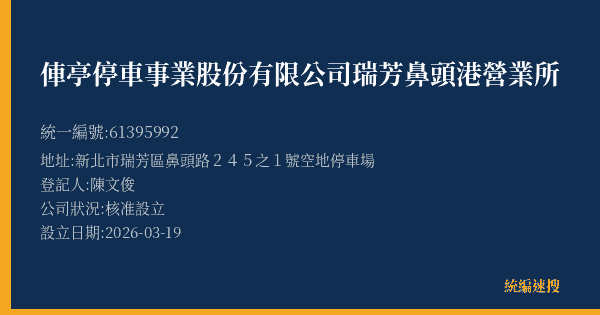 俥亭停車事業股份有限公司瑞芳鼻頭港營業所的照片-統編 61395992(新北市) 公司登記資料與營業項目詳細圖表