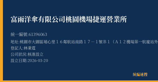 富雨洋傘有限公司桃園機場捷運營業所的照片-統編 61396063(桃園市) 公司登記資料與營業項目詳細圖表