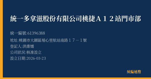 統一多拿滋股份有限公司桃捷A12站門市部的照片-統編 61396388(桃園市) 公司登記資料與營業項目詳細圖表