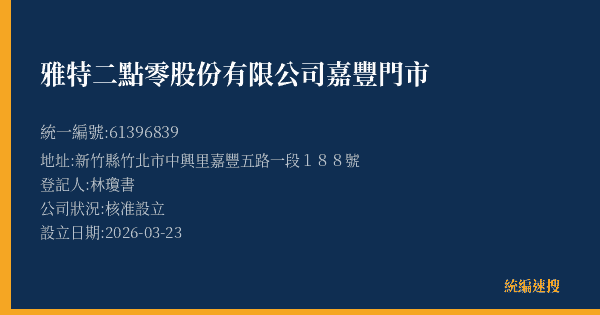 雅特二點零股份有限公司嘉豐門市的照片-統編 61396839(新竹縣) 公司登記資料與營業項目詳細圖表