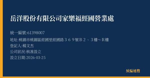 岳洋股份有限公司家樂福經國營業處的照片-統編 61398007(桃園市) 公司登記資料與營業項目詳細圖表