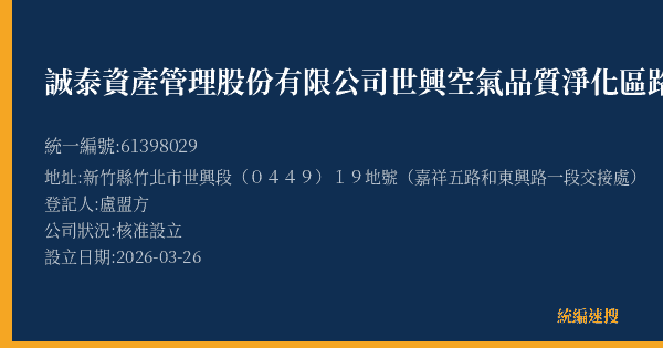 誠泰資產管理股份有限公司世興空氣品質淨化區路外停車場的照片-統編 61398029(新竹縣) 公司登記資料與營業項目詳細圖表