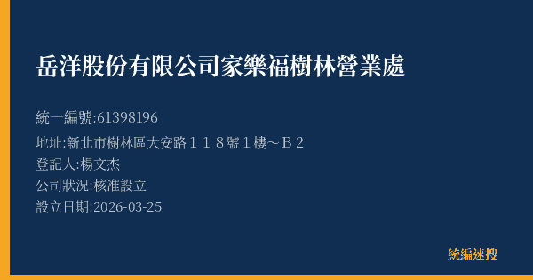 岳洋股份有限公司家樂福樹林營業處的照片-統編 61398196(新北市) 公司登記資料與營業項目詳細圖表