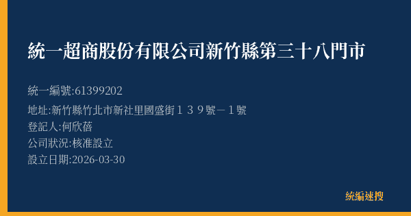 統一超商股份有限公司新竹縣第三十八門市的照片-統編 61399202(新竹縣) 公司登記資料與營業項目詳細圖表