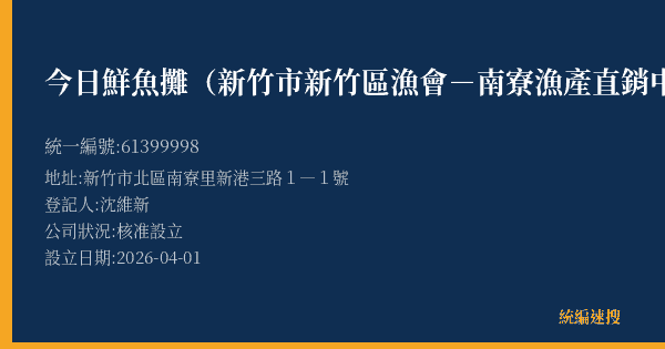 今日鮮魚攤(新竹市新竹區漁會-南寮漁產直銷中心C15攤)的照片-統編 61399998(新竹市) 公司登記資料與營業項目詳細圖表