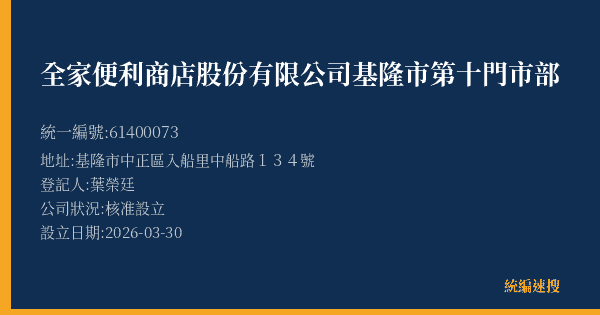 全家便利商店股份有限公司基隆市第十門市部的照片-統編 61400073(基隆市) 公司登記資料與營業項目詳細圖表