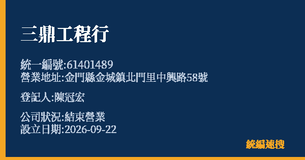 三鼎工程行的照片-統編 61401489(金門縣) 公司登記資料與營業項目詳細圖表