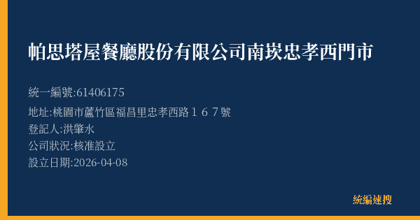 帕思塔屋餐廳股份有限公司南崁忠孝西門市的照片-統編 61406175(桃園市) 公司登記資料與營業項目詳細圖表