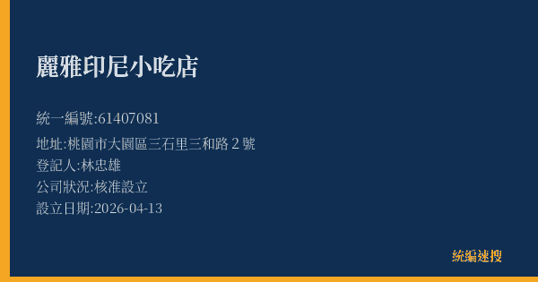 麗雅印尼小吃店的照片-統編 61407081(桃園市) 公司登記資料與營業項目詳細圖表