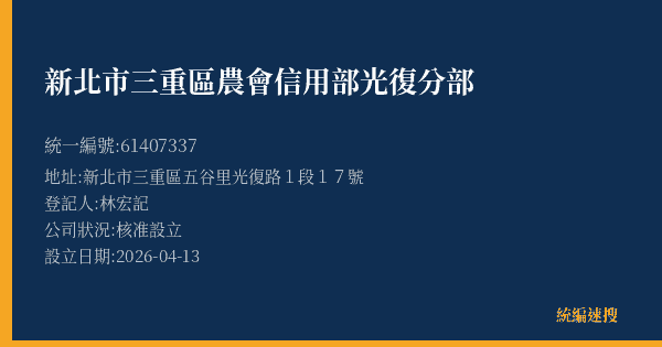 新北市三重區農會信用部光復分部的照片-統編 61407337(新北市) 公司登記資料與營業項目詳細圖表
