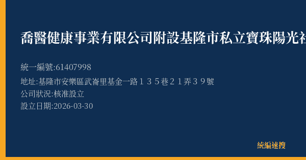 喬醫健康事業有限公司附設基隆市私立寶珠陽光社區長照機構的照片-統編 61407998 公司登記資料與營業項目詳細圖表