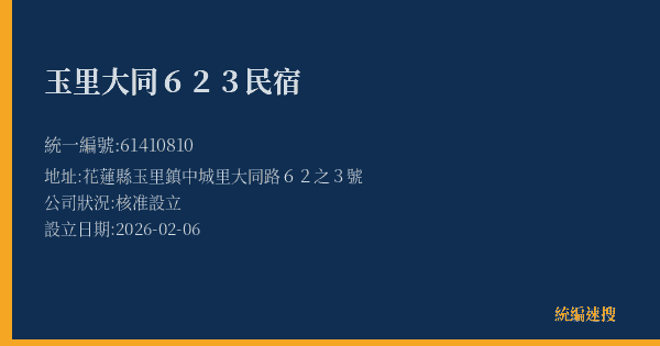 玉里大同623民宿的照片-統編 61410810(花蓮縣) 公司登記資料與營業項目詳細圖表
